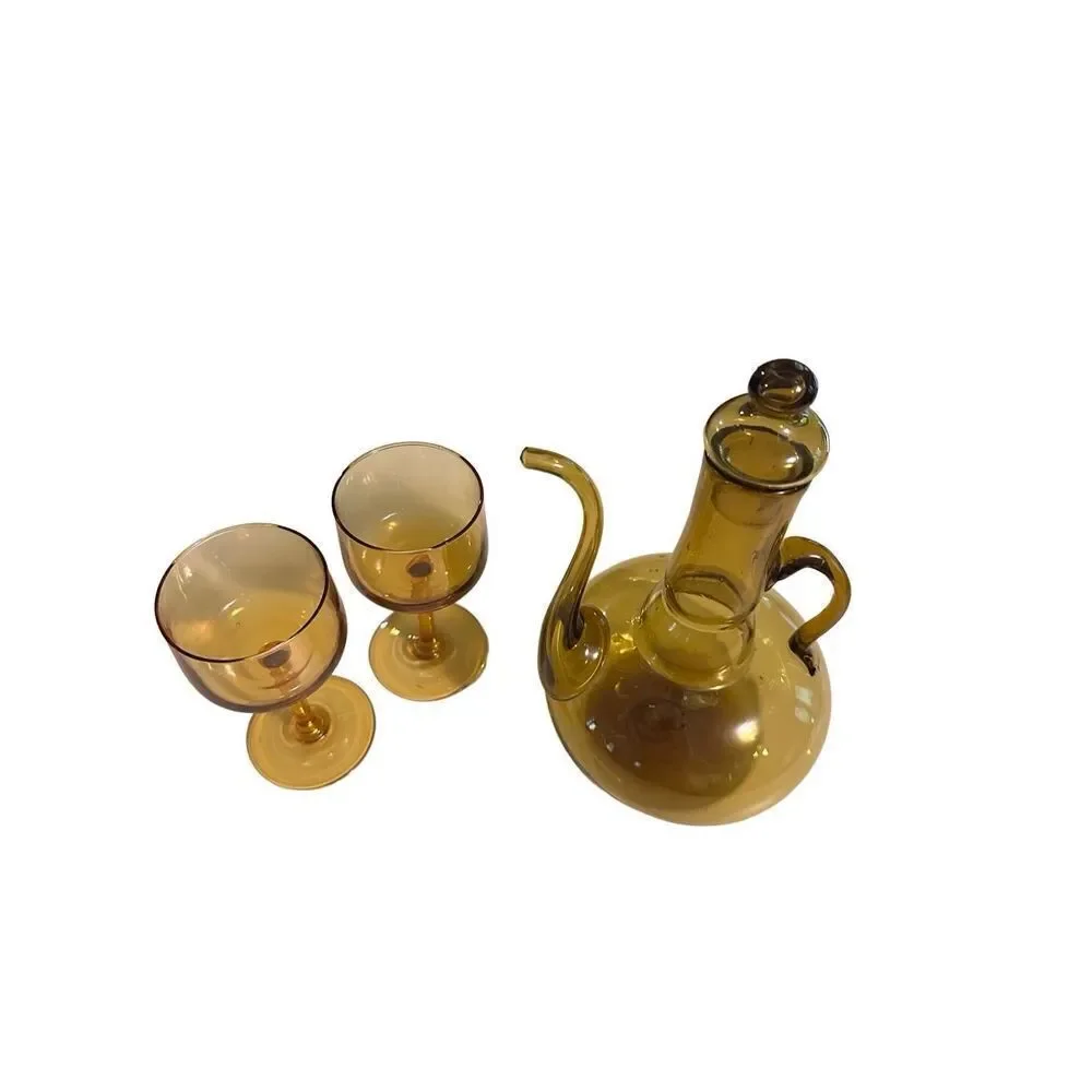 Vintage Cruet Side Spout Amber Glass Decanter  Pitcher Handblown & 2 Glasses MCM